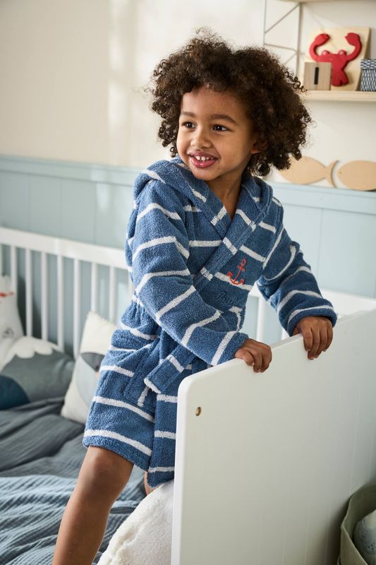 Personaliseerbare gestreepte kinderbadjas met capuchon Oeko-Tex blauw/wit