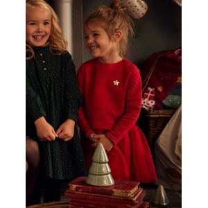 Kerstmeisjesjurk - Baksteenrood - 2 in 1 - Feestjurk - Voile en Fleece