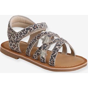 Sandalen met klittenband van leer voor kinderen, kleuterschoolcollectie beige, bedrukt