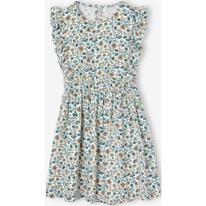 Meisjesjurk van seersuckerstof met ruches ecru