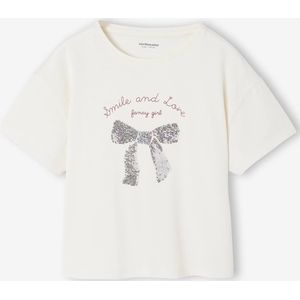 T-shirt met afbeelding, omkeerbare pailletten en korte mouwen voor meisjes ecru