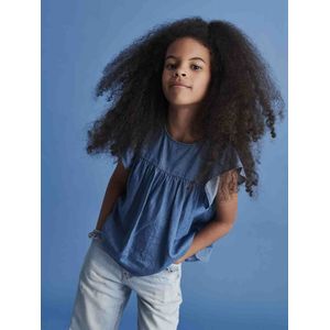 Lichtgewicht denim meisjesblouse met korte mouwen en ruches stone