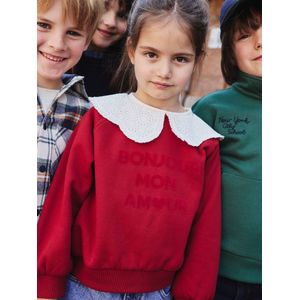Sweater met kraag van Engels borduurwerk voor meisjes met flockprint en fluwelen boodschap rood