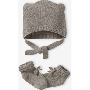 Babypakje muts en sloffen van wol en kasjmier gemêleerd beige