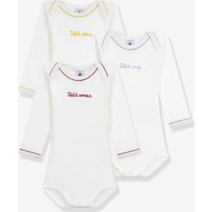 PETIT BATEAU - Set van 3 - Rompertjes - Wit - Lange Mouwen - Amerikaanse Halslijn