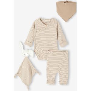 Evolutieve 4-delige babyset met body + legging + slabbetje + knuffels ecru