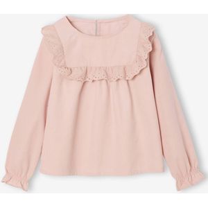 Fluwelen meisjesblouse met ruches en Engels borduursel roze (poederkleur)