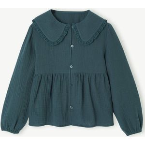 Meisjesblouse van katoenen gaas met kraag met Engels borduurwerk smaragdgroen