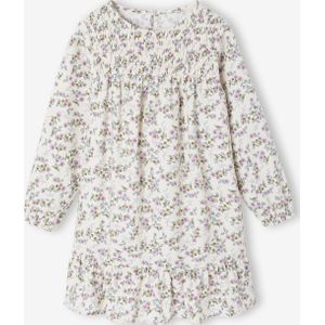 Jurk met smokwerk en bloemmotief met lange mouwen vanille