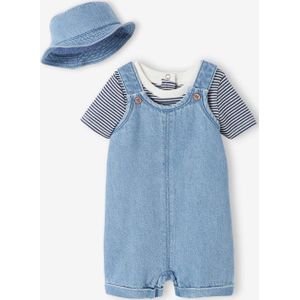 Geboorteset: korte salopette, body en muts baby's gebleekt denim