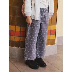 Wijde jeans in paperbagstijl met bloemmotieven voor meisjes denimgrijs