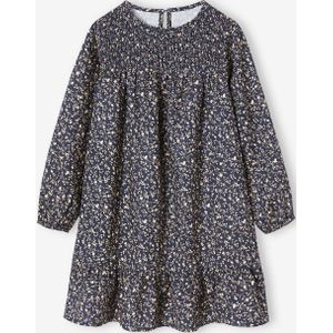 Jurk met smokwerk en bloemmotief met lange mouwen marineblauw