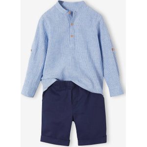 Net jongenshemd, Mao-kraag en korte broek blauw, gestreept