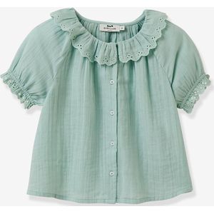Blouse voor meisjes met Engels borduurwerk in katoenen gaas CYRILLUS blauwgroen