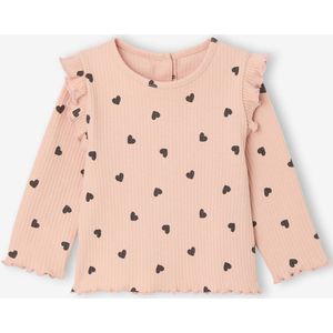 T-shirt van ribstof met mouwen met ruches meisjesbaby roze (poederkleur)
