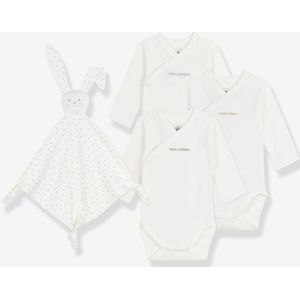 Babypakje met 3 body's van geborduurd katoen en knuffelkonijn PETIT BATEAU ecru