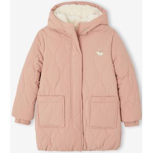 Lang jack met capuchon voor meisjes en imitatiebonten voering roze (poederkleur)