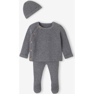 3-delige babyset met gebreid vestje + broek + muts gemêleerd grijs