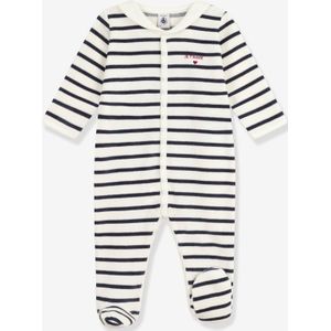 Gemengde baby pyjama in fluweel / velours met PETIT BATEAU streepjesprint marineblauw