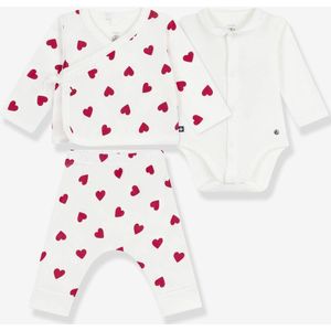 Babyset 3-delig met hartjesprint baby PETIT BATEAU vestje met overslag, broek en body wit