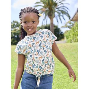 Gestreept T-shirt voor meisjes met sierstrik wit, bedrukt