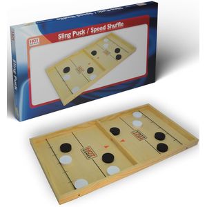Sling Puck - Competitief spel vol actie voor 2 spelers - Houten speelbord van beukenhout - Inclusief 10 pucks en elastieken