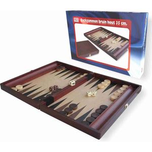 HOT Games Backgammonkist - Bruin gelakt hout - Speelveld met ronde stenenvakken - Afmeting 35x23 cm - Geschikt voor alle leeftijden