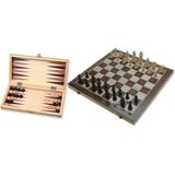 HOT Games Schaak-/Backgammon klapcassette 29cm - Houten speelveld - Inclusief stenen en schaakstukken