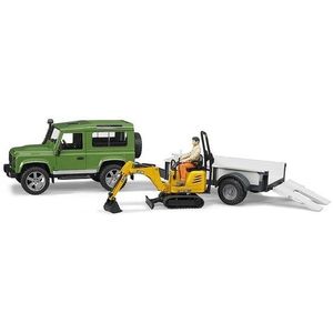 Bruder Land Rover Defender met ��n as trailer, JCB micro graafmachine en werknemer