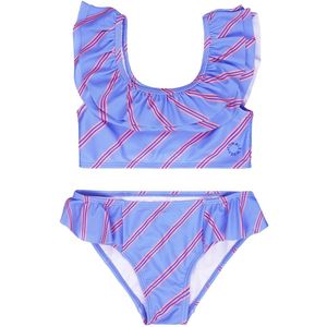 Halterbikini - Blauw met Roze Streepprint - 86% Polyester, 14% Elastaan