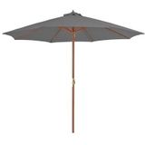 <p>Deze elegante houten parasol is perfect om schaduw te creëren en jezelf te beschermen tegen schadelijke uv-straling. Het parasoldoek is gemaakt van uv-beschermend en anti-vervagend polyester, waardoor het optimale bescherming biedt en gemakkelijk schoon te maken is.</p>
<p>Met een paaldiameter van 48 mm kan de parasol in een bestaande voet of in het midden van een tafel geplaatst worden. De sterke houten paal en de 8 duurzame baleinen zorgen voor stabiliteit en duurzaamheid.</p>
<p>Deze tuinparasol kan eenvoudig geopend en gesloten worden dankzij het zwengelmechanisme. Het product is ook eenvoudig te monteren.</p>
<p>Let op, wij adviseren om het doek te behandelen met een waterdichtmakende spray als het wordt blootgesteld aan zware regenval.</p>
<ul>
  <li>Kleur doek: antraciet</li>
  <li>Materiaal frame: gelamineerd bamboe en hardhout</li>
  <li>Materiaal hoes: stof</li>
  <li>Totale afmetingen: 300 x 250 cm (ø x H)</li>
  <li>Diameter buis: 48 mm</li>
  <li>Met luchtventilatie en zwengelsysteem</li>
  <li>Met 8 baleinen</li>
  <li>Materiaal: Polyester: 100%</li>
</ul>