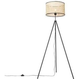 QAZQA Landelijke vloerlamp tripod zwart met rotan kap - Kata