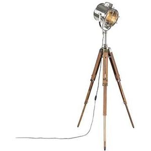 QAZQA Tripod vloerlamp staal met hout studiospot - Shiny