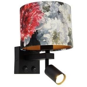 QAZQA Wandlamp zwart met leeslamp en kap 18 cm bloemen - Brescia