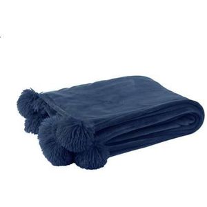 J-Line Plaid Pompom - fleece deken - polyester - blauw - 170 x 130 cm - woonaccessoires