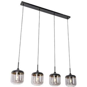 QAZQA Design hanglamp zwart met goud en smoke glas 4-lichts - Kyan