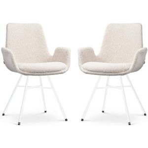 Nolon Noa-Eef Eetkamerstoelen Set van 2 - Bouclé Beige - Witte Poten