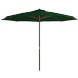 <p>Deze praktische parasol is de perfecte keuze om wat schaduw te creëren en jezelf te beschermen tegen de schadelijke uv-straling van de zon. Het parasoldoek is gemaakt van uv-beschermend en anti-vervagend polyester, waardoor het je optimale bescherming tegen de zon biedt en gemakkelijk schoon te maken is.</p>
<p>De paaldiameter van 48 mm maakt het mogelijk om de parasol in een bestaande voet of in het midden van een tafel te plaatsen. De sterke houten paal en baleinen zorgen voor stabiliteit en duurzaamheid.</p>
<p>Deze tuinparasol kan eenvoudig geopend en gesloten worden dankzij het dubbele katrolsysteem. Het product is ook eenvoudig te monteren.</p>
<p>Let op, wij adviseren om het doek te behandelen met een waterdichtmakende spray als het wordt blootgesteld aan zware regenval.</p>
<ul>
  <li>Kleur: groen</li>
  <li>Materiaal frame: gelamineerd bamboe en hardhout</li>
  <li>Materiaal hoes: stof</li>
  <li>Totale afmetingen: 350 x 256 cm (ø x H)</li>
  <li>Diameter buis: 48 mm</li>
  <li>Met luchtventilatie en dubbel katrolsysteem</li>
  <li>Materiaal: Polyester: 100%</li>
</ul>