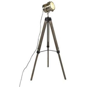 QAZQA Industriële vloerlamp tripod hout met studiospot - Braha