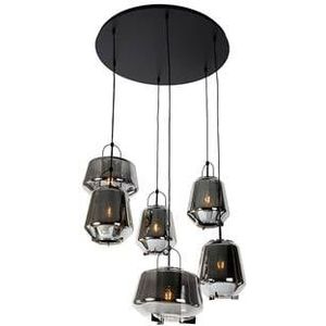 QAZQA Art deco hanglamp zwart met smoke glas 6-lichts - Kevin