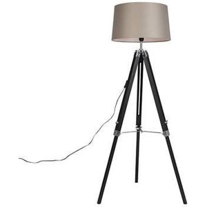 QAZQA Vloerlamp Tripod zwart met kap 45cm linnen taupe