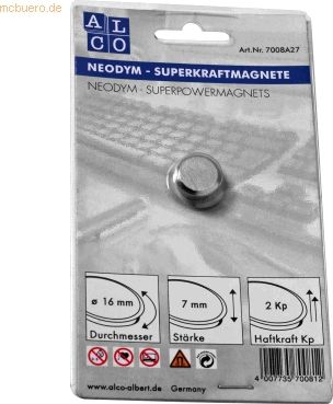 Alco Superkraftmagnet Neodym Neodym (Nd) 16mm TG 2000 g silber gebürst