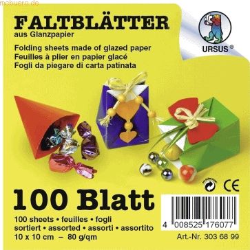 Ludwig Bähr Faltblätter Glanzpapier 10x10cm VE=100 Blatt 10 Farben sor