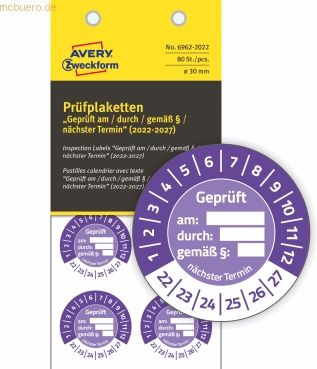 Avery Zweckform Prüfplaketten 30mm 10 Bogen/80 Etiketten 2022 violett
