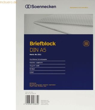 Soennecken Briefblock 2311 DIN A5 70g liniert 50 Blatt weiß