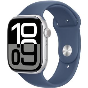 Apple Watch Series 10 - Wifi + 4G - 46mm - Zilveren Aluminium Case met Denim Sportbandje - M/L