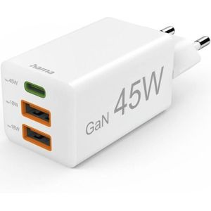 Hama Snellader GaN - 1x USB-C 2x USB-A 45W Wit