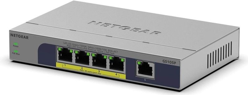 Netgear - GS105P - Netwerkschakelaar - Grijs - 5 Poorten - PoE+ Ondersteuning