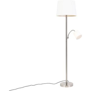 Klassieke vloerlamp staal met witte kap en leeslampje - Retro