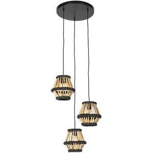 Oosterse hanglamp bamboe met zwart rond 3-lichts - Evalin